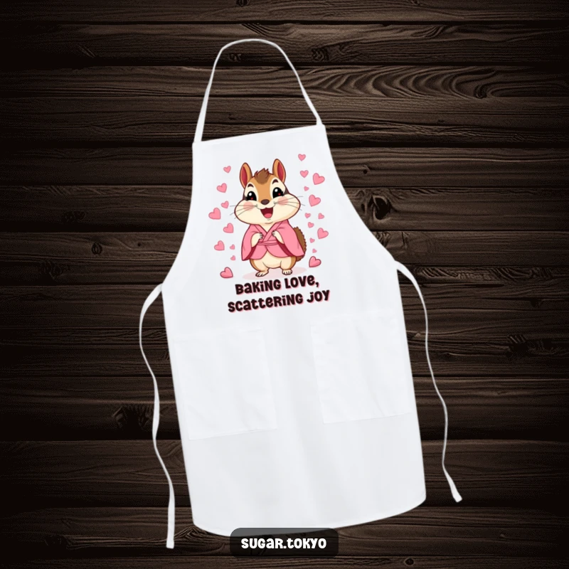 Funny chipmunk in a pink kimono scattering candy heart confetti, a whimsical and practical kitchen apron for chefs.
