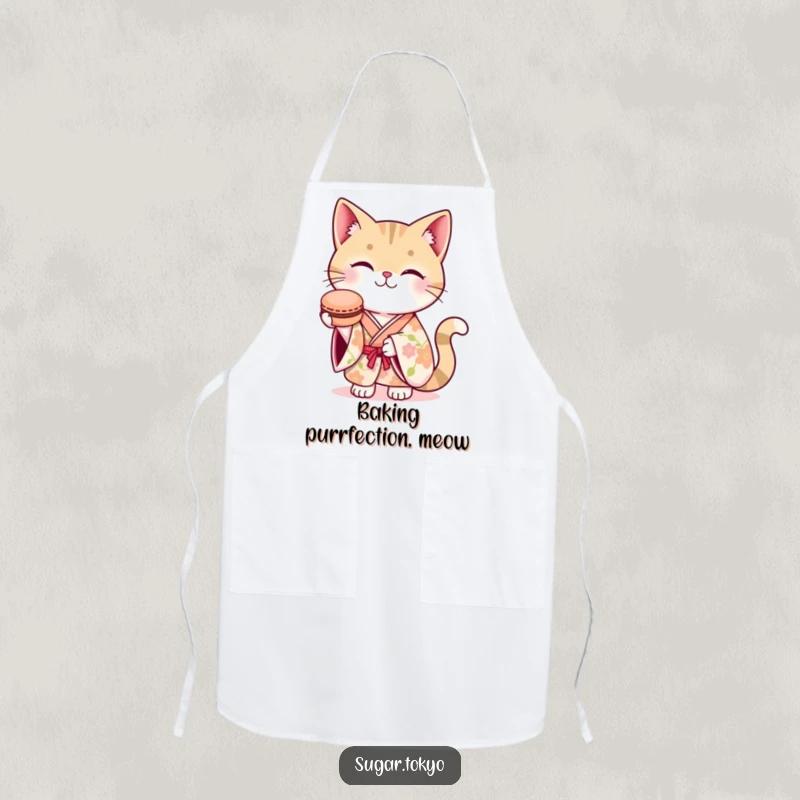 Funny apron with a smiling cat in a floral kimono, offering a macaron, ideal for adding humor to cooking and baking.