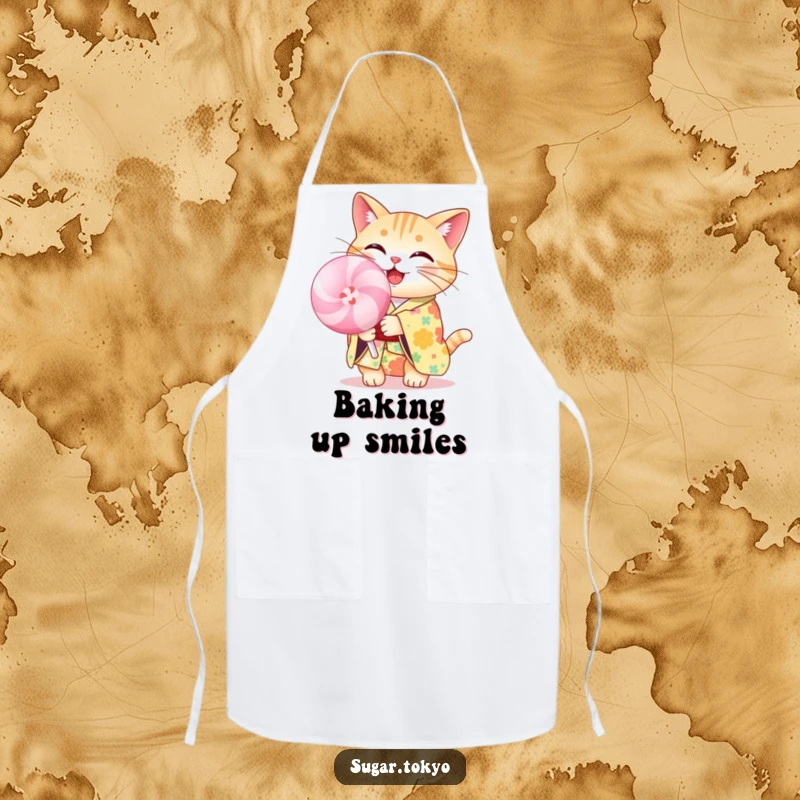 Funny cheerful cat in a floral kimono holding a pastel lollipop on a kitchen apron, perfect for humorous culinary adventures.
