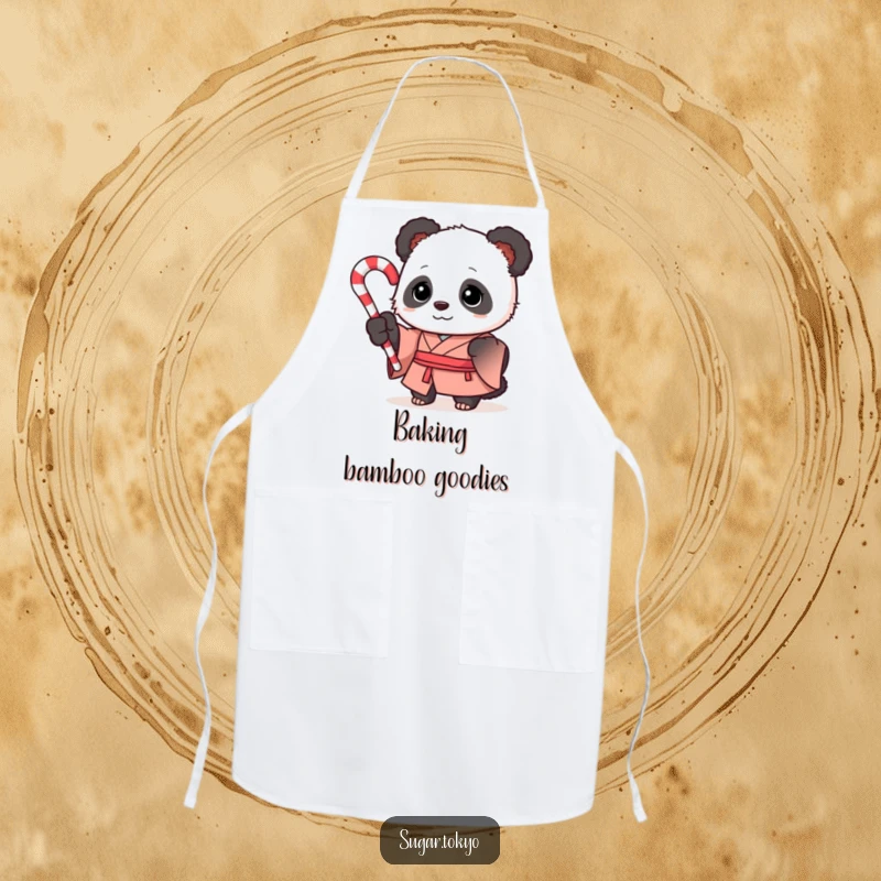 Funny curious panda in a formal silk kimono holding a swirled candy cane on a kitchen apron, combining festive humor with practical use.