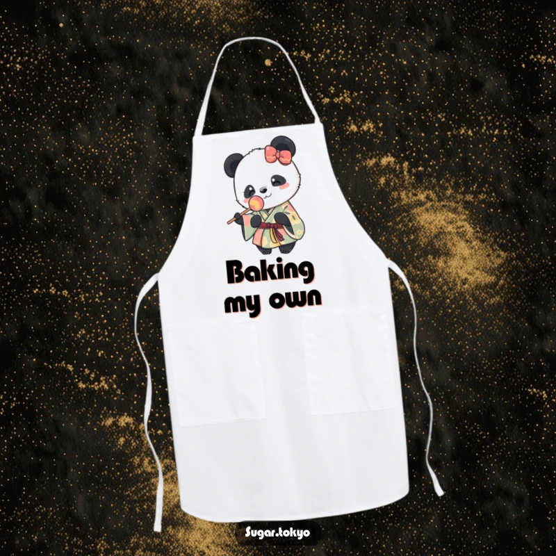 Funny apron showing a cute panda in a vibrant kimono happily holding a lollipop, perfect for a sweet and humorous cooking experience.