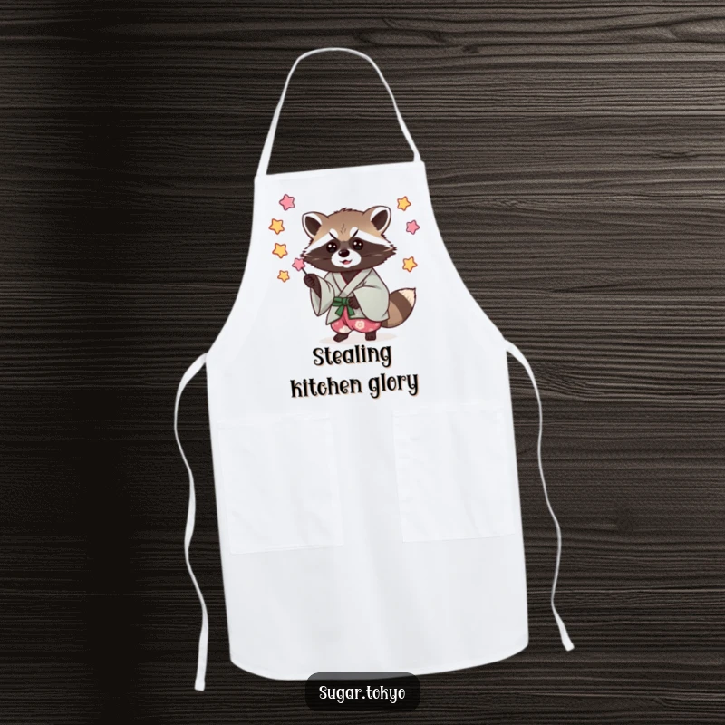 Funny apron with a mischievous raccoon in a cool kimono, catching falling candy stars, ideal for a fun cooking experience.