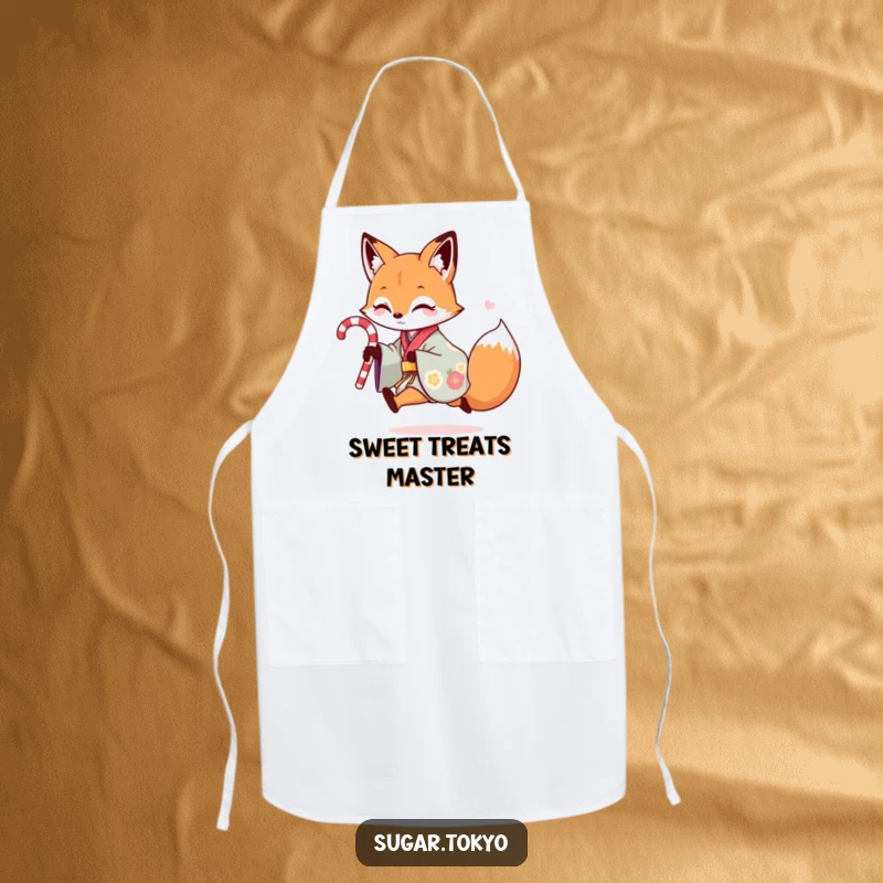 Funny apron showing a playful fox in a colorful kimono skipping with a candy cane, perfect for a sweet and humorous cooking experience.