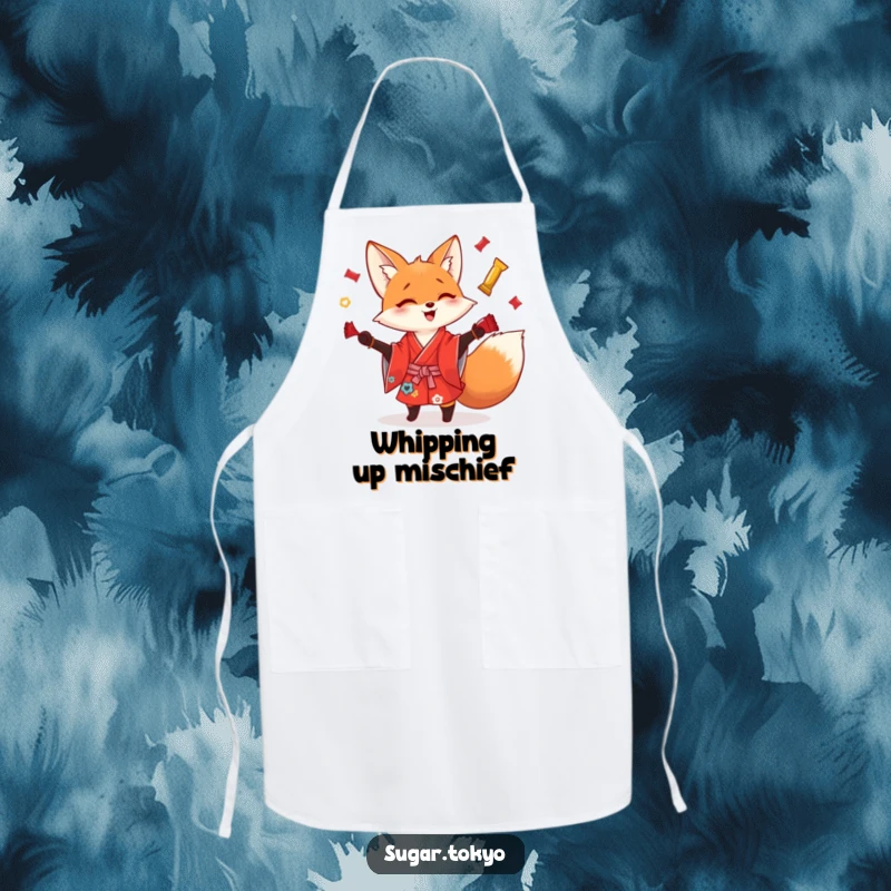 Funny playful fox in a red kimono juggling shiny candy wrappers on a kitchen apron, combining playful mischief with funny utility.