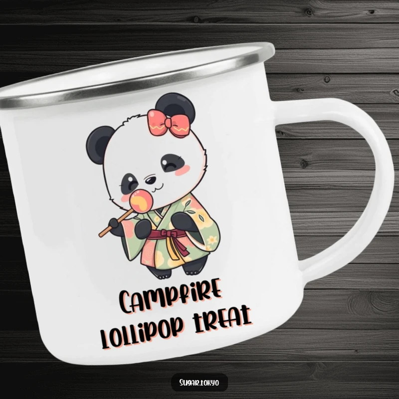 Funny camping mug with a cute panda in a vibrant kimono happily holding a lollipop, ideal for outdoor treats and humor.