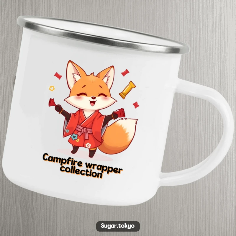 Funny playful fox in a red kimono juggling shiny candy wrappers on a metal camping mug, built for rugged and funny escapades.