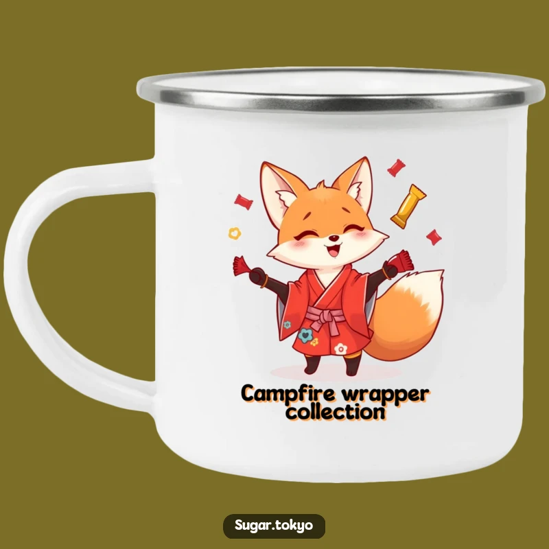 Funny Playful Fox Candy Wrapper Camping Mug - Rugged and Hilarious Outdoor Companion