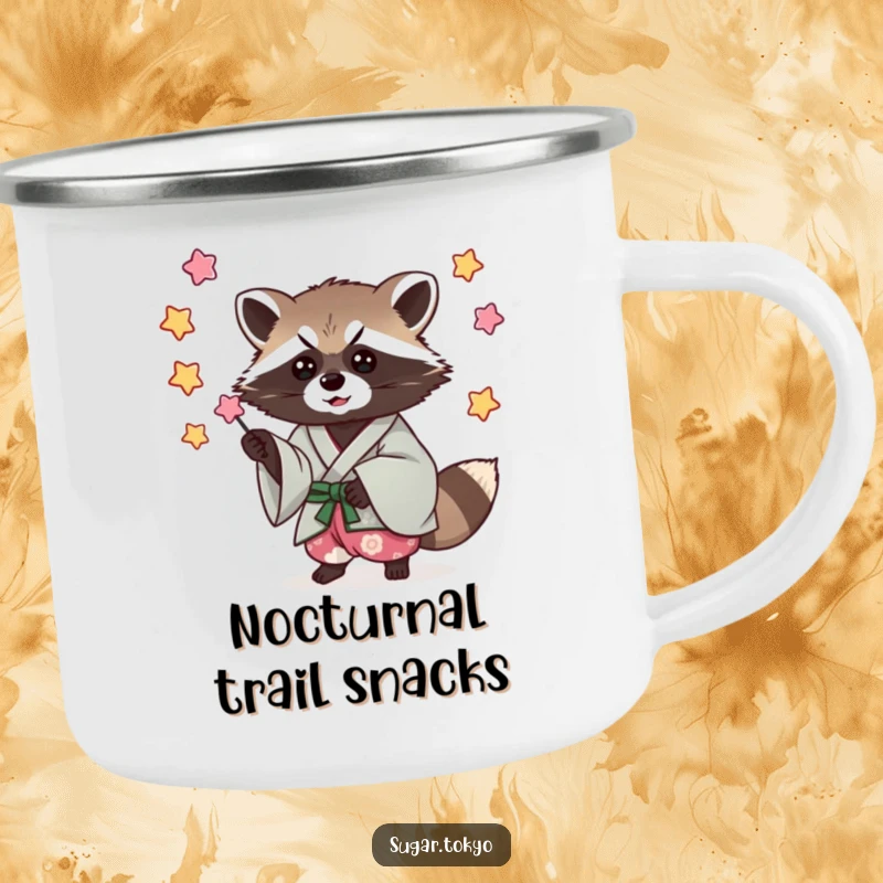 Funny camping mug with a mischievous raccoon in a cool kimono, catching falling candy stars, perfect for outdoor trips.