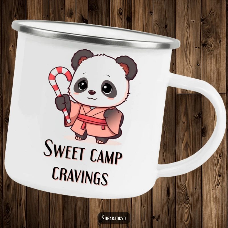 Funny curious panda in a formal silk kimono holding a swirled candy cane on a metal camping mug, built for festive and funny journeys.