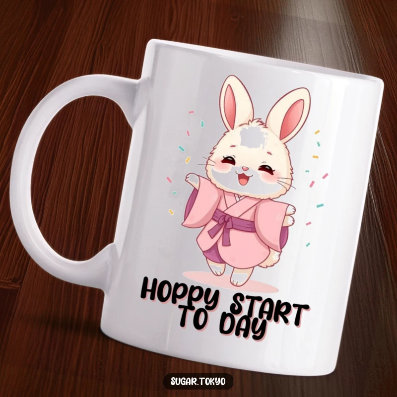 Funny mug of a fluffy bunny in a pink kimono, joyfully twirling amidst colorful sprinkles, exuding happiness.