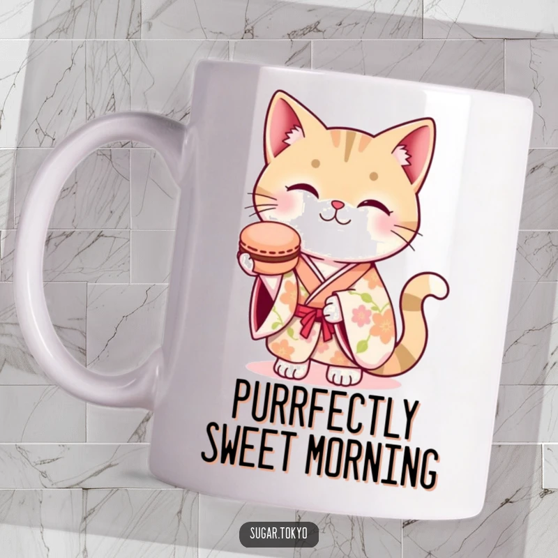 Funny mug of a smiling cat in a floral kimono, gracefully offering a delicious macaron, capturing a moment of sweet delight.