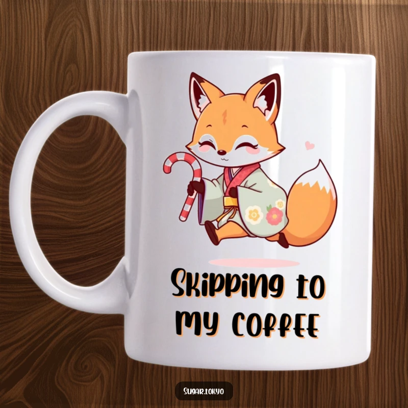 Funny mug showing a playful fox in a colorful kimono skipping with a candy cane, radiating mischief and sweet, humorous energy.