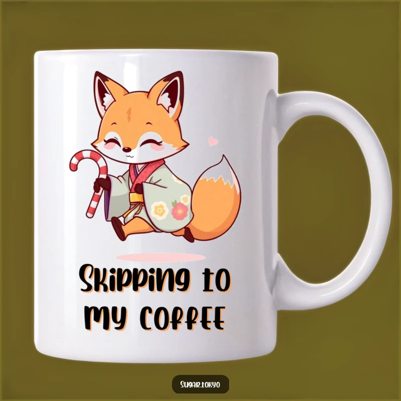 Funny Playful Fox Mug: Colorful Kimono Fox with Candy Cane, Perfect Funny Gift