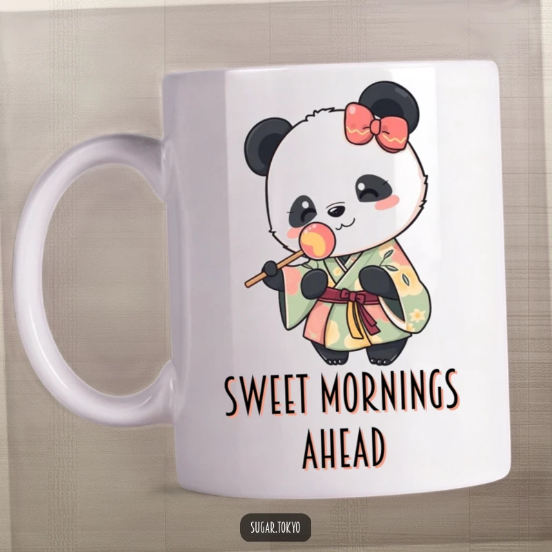 Funny mug showing a cute panda in a vibrant kimono happily holding a lollipop, radiating pure joy and sweet, humorous delight.