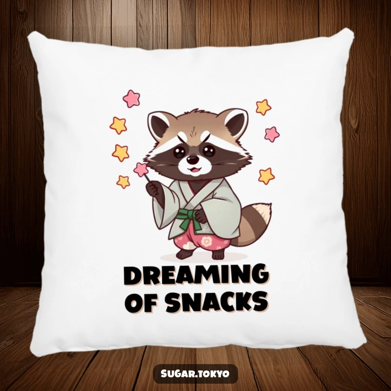 Funny pillow featuring a mischievous raccoon in a cool kimono, catching falling candy stars, adding comfort and attitude.