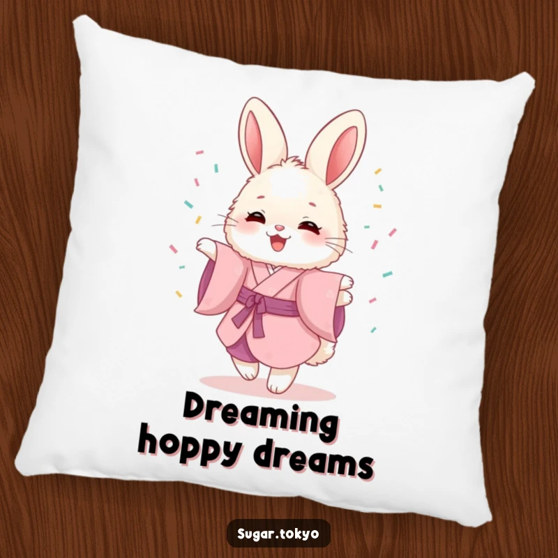 Funny pillow featuring a fluffy bunny in a pink kimono, joyfully twirling with sprinkles, adding comfort and humor.