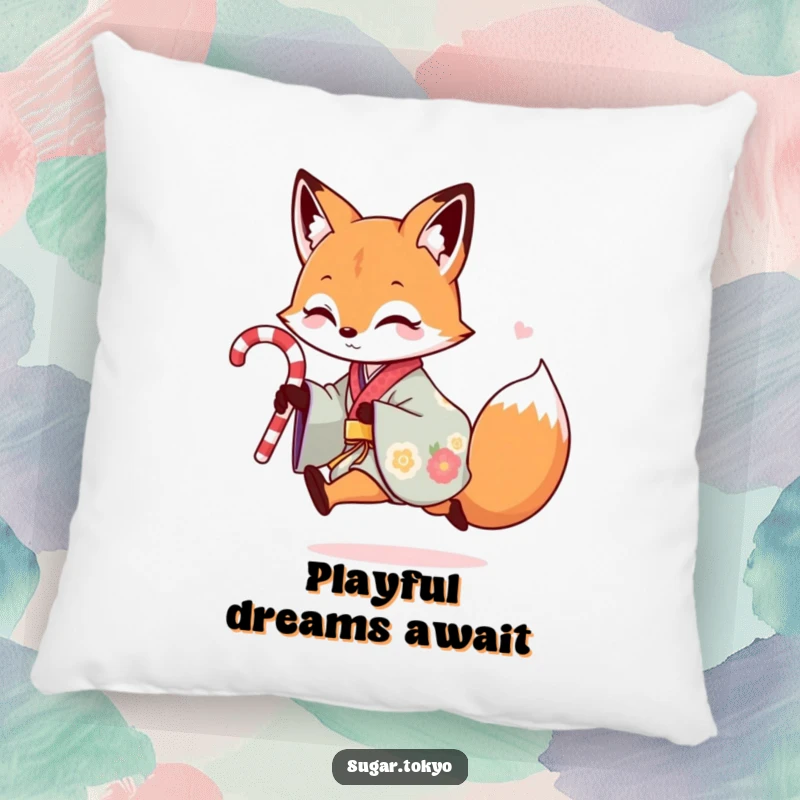Funny pillow featuring a playful fox in a colorful kimono skipping with a candy cane, adding soft sweetness and playful humor.