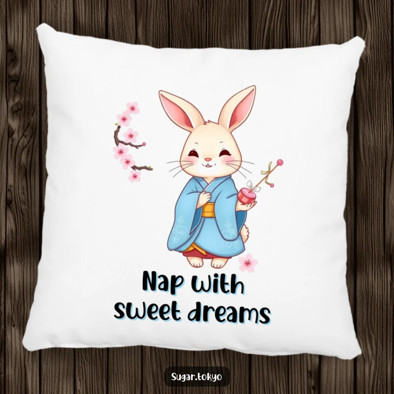 Funny graceful rabbit in a blue kimono offering cherry blossom candies on a soft pillow, adding elegant and funny comfort.