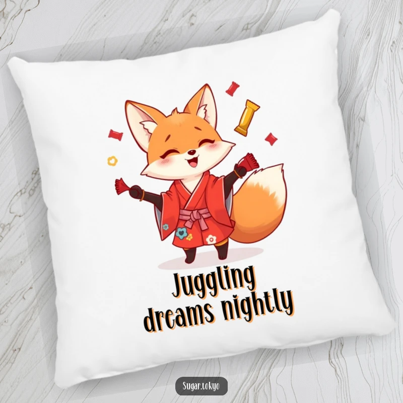 Funny playful fox in a red kimono juggling shiny candy wrappers on a soft pillow, adding playful and funny comfort.