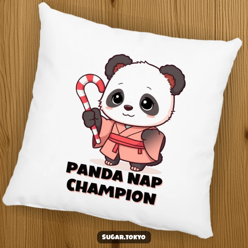 Funny curious panda in a formal silk kimono holding a swirled candy cane on a soft pillow, adding festive and funny comfort.