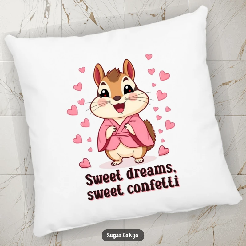 Soft funny chipmunk in a pink kimono scattering heart confetti, a charming and comfortable decorative pillow.