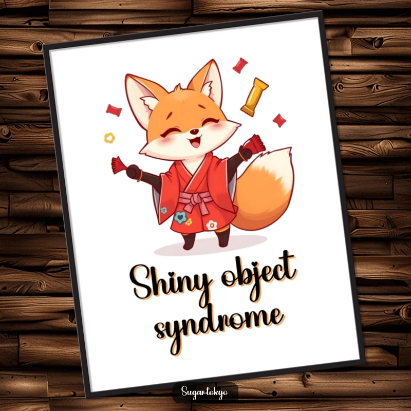 Funny playful fox in a red kimono juggling shiny candy wrappers, presented as lively wall art on a poster, for dynamic funny decor.
