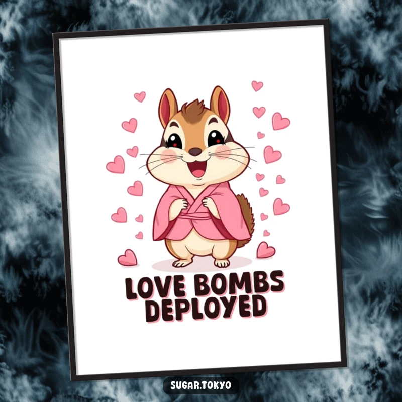 High-resolution funny chipmunk in a pink kimono scattering heart confetti, ready for digital display or printing.