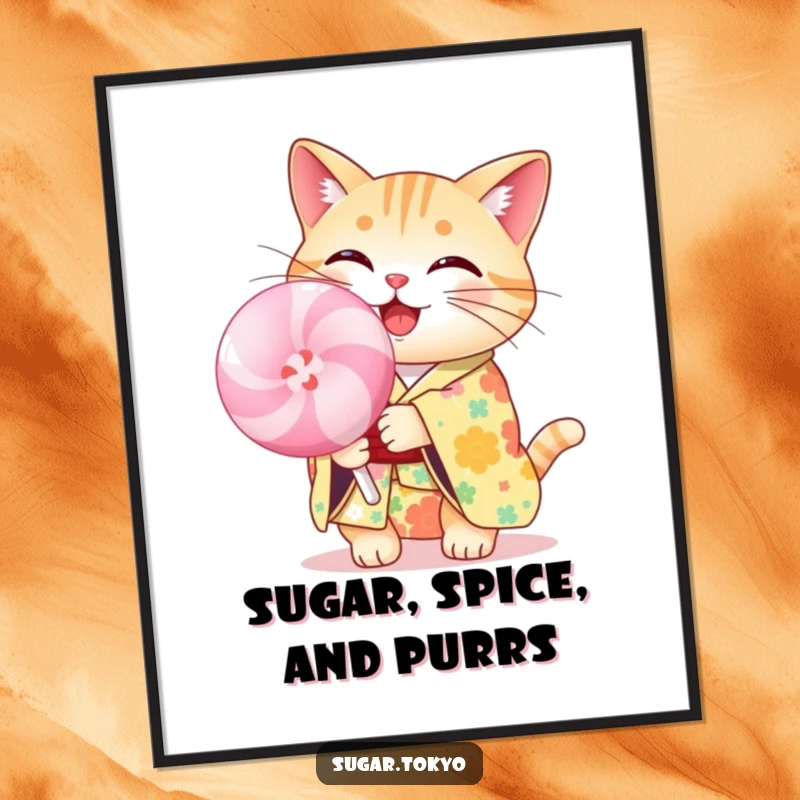 Funny cheerful cat in a floral kimono holding a pastel lollipop, presented as a high-resolution digital art print for joyful, funny decor.