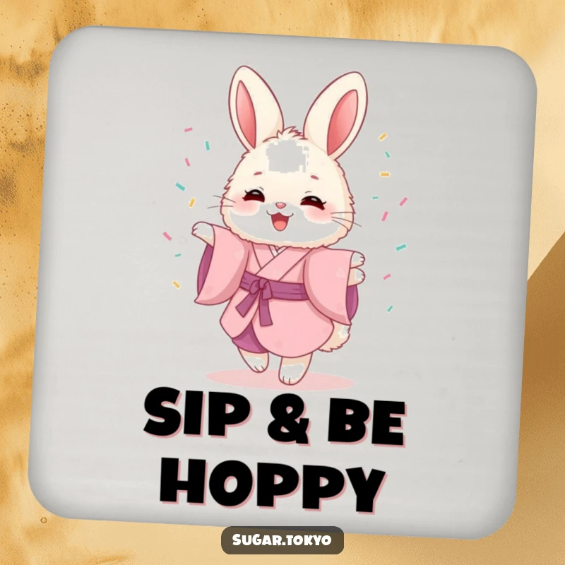 Funny coasters featuring a fluffy bunny in a pink kimono, joyfully twirling with sprinkles, protecting furniture with fun.