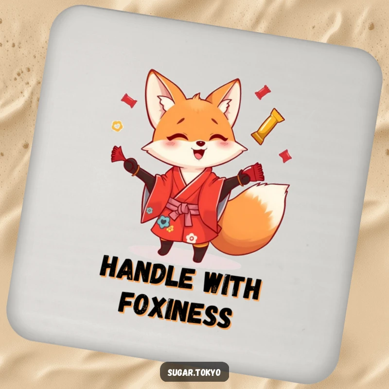 Funny playful fox in a red kimono juggling shiny candy wrappers on a drink coaster, adding witty and funny flair to surfaces.