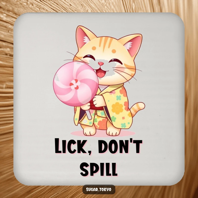 Funny cheerful cat in a floral kimono holding a large pastel lollipop on a drink coaster, adding sweet and funny charm to surfaces.