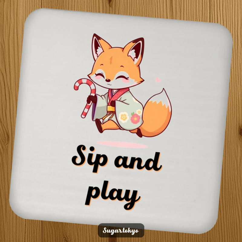 Funny drink coaster with a playful fox in a colorful kimono skipping with a candy cane, adding sweet humor and surface protection.