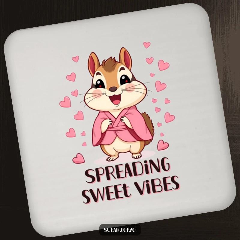 Funny chipmunk in a pink kimono scattering heart confetti, a charming and protective drink coaster.