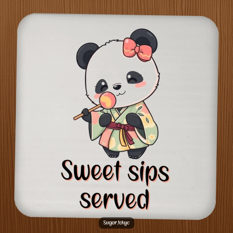 Funny drink coaster with a cute panda in a vibrant kimono happily holding a lollipop, adding sweet humor and surface protection.