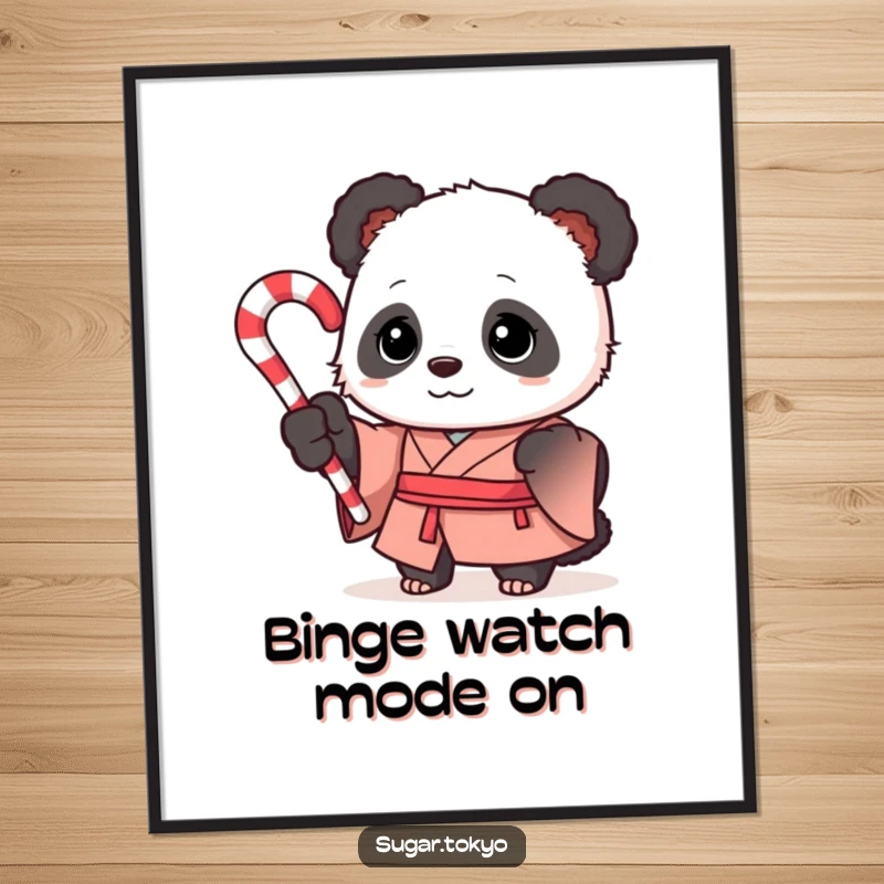 Funny curious panda in a formal silk kimono holding a swirled candy cane, displayed as festive wall art on a poster, for charming humor.