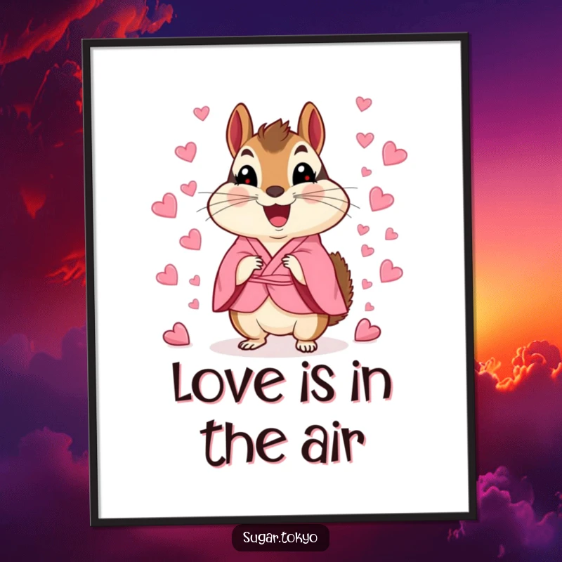 Vibrant funny chipmunk in a pink kimono scattering colorful candy heart confetti, a cheerful and celebratory art print poster.