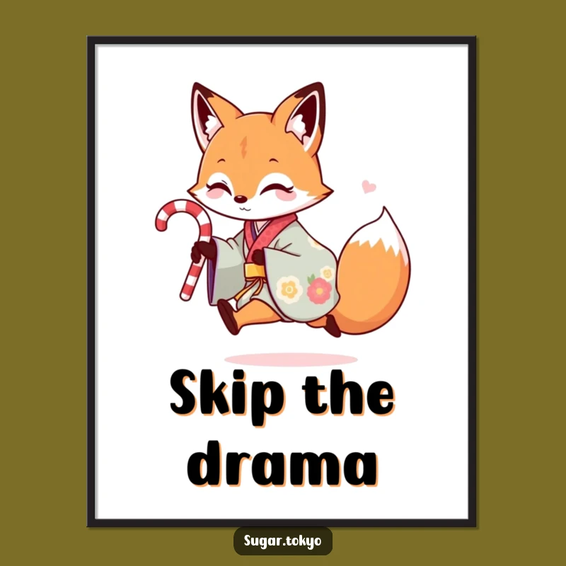 Funny Fox Kimono Poster: Playful Candy Cane Fox Art, Whimsical Funny Gift Decor