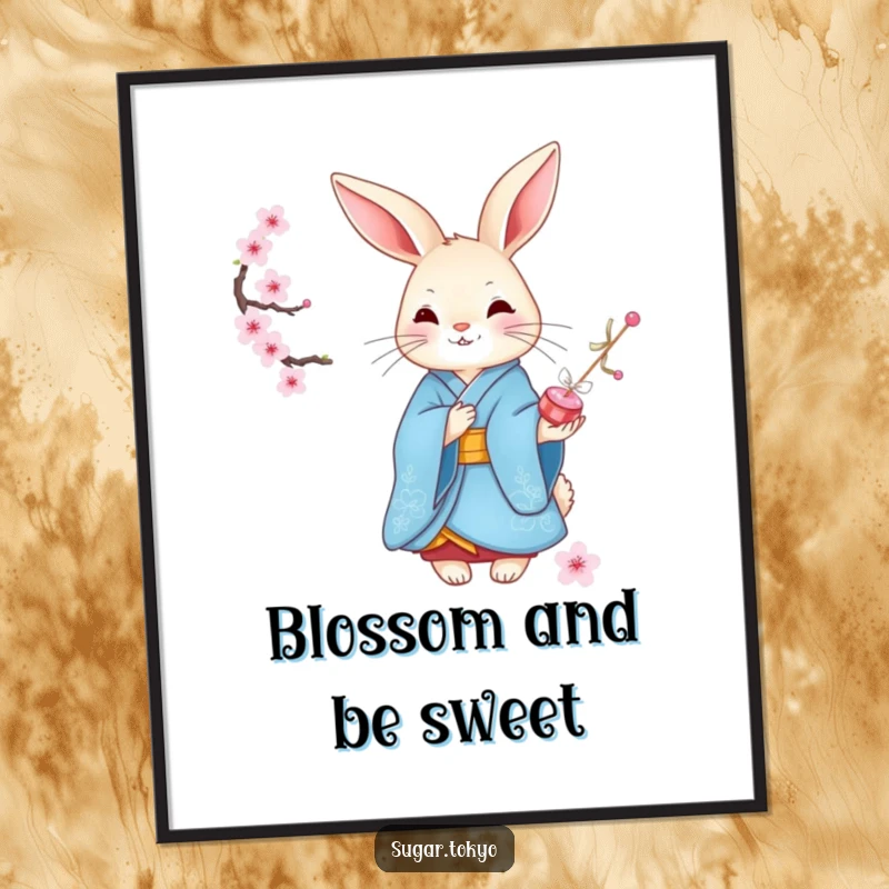 Funny graceful rabbit in a blue kimono offering cherry blossom candies, displayed as elegant wall art on a poster, for sophisticated humor.