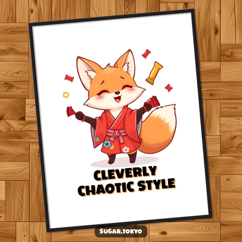 Funny playful fox in a red kimono juggling shiny candy wrappers, displayed as dynamic wall art on a poster, for energetic humor.