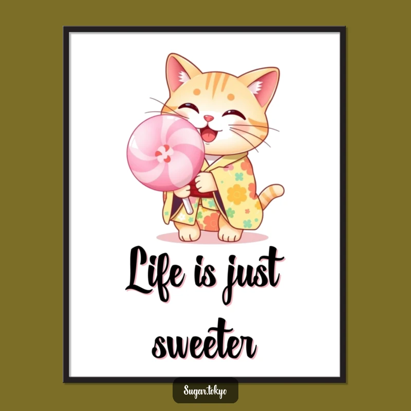 Funny Cheerful Cat Lollipop Kimono Poster - Whimsical and Hilarious Wall Art