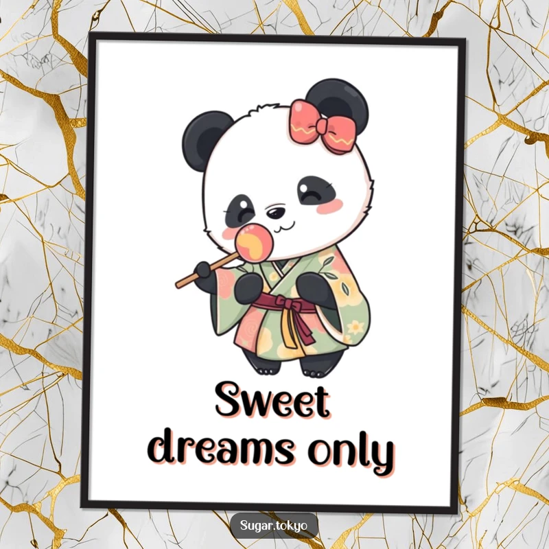 Funny art print of a cute panda in a vibrant kimono holding a lollipop, adding adorable humor and sweet charm.