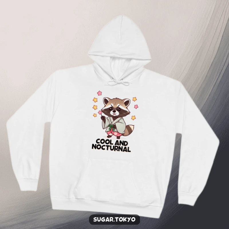 Funny hoodie featuring a mischievous raccoon in a cool kimono, catching a shower of candy stars, looking slick.