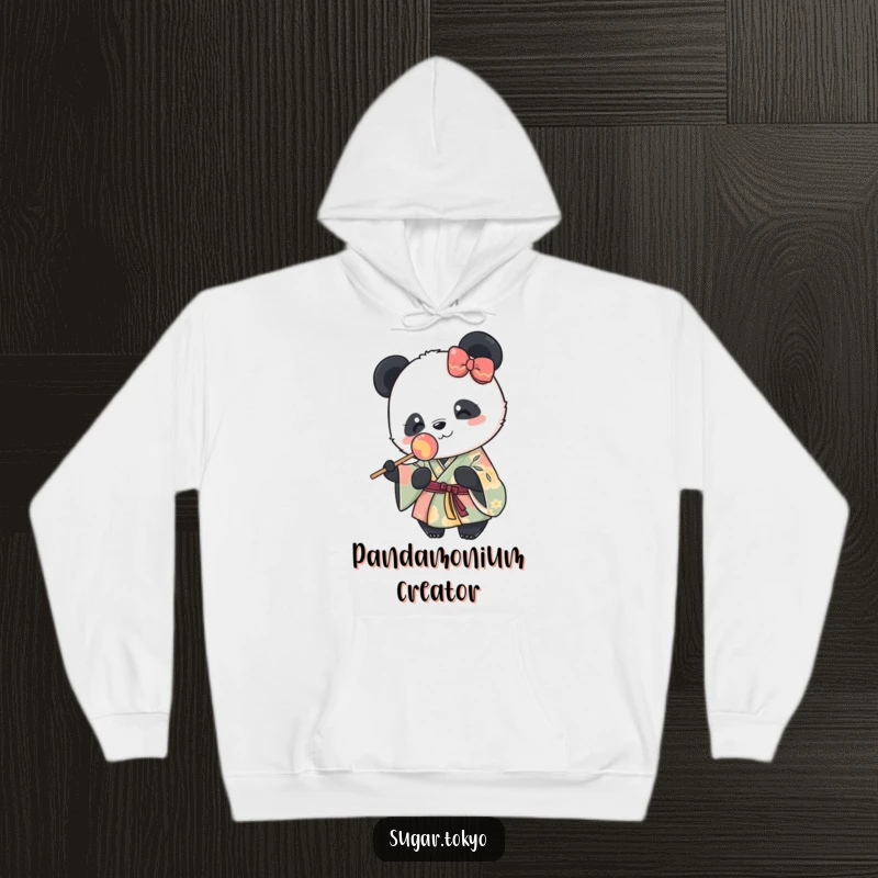 Funny hoodie featuring a cute panda in a vibrant kimono happily holding a lollipop, offering cozy comfort and sweet, humorous joy.