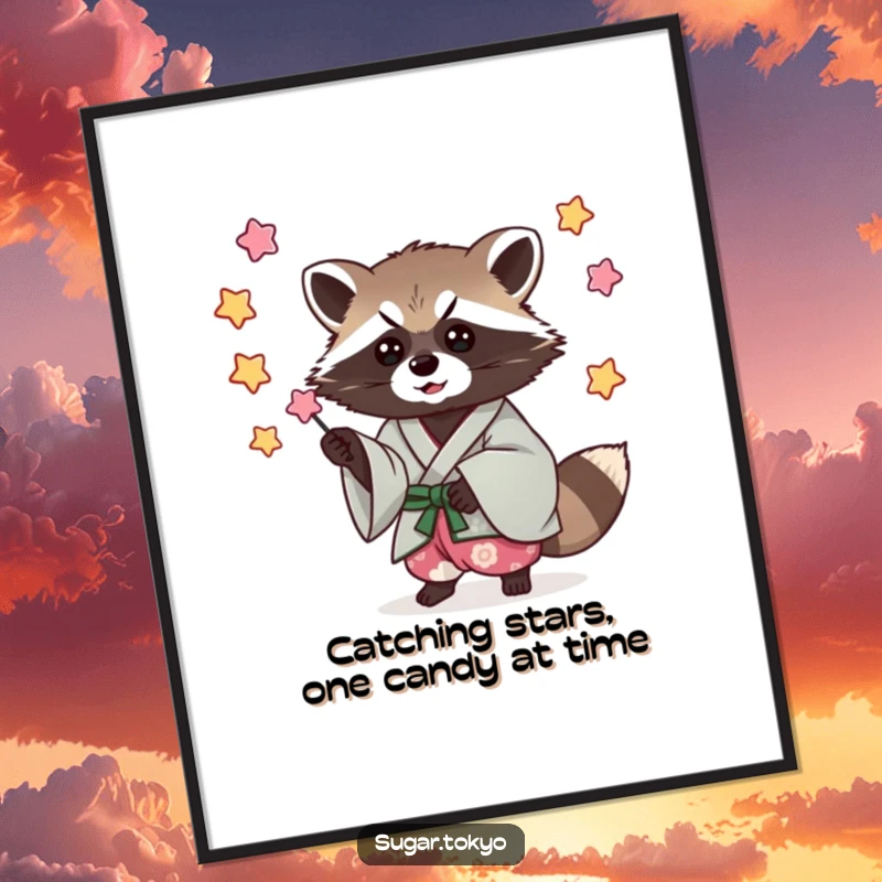 Funny Free Printable Wall Art: A cool raccoon in a stylish kimono is caught mid-action, playfully catching glowing candy stars.
