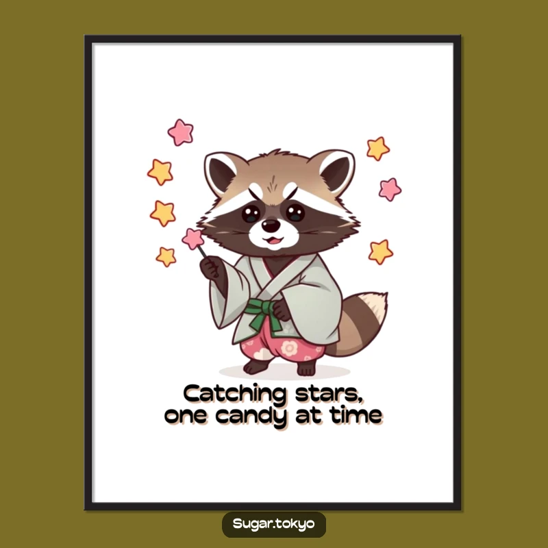 Free Printable Wall Art: Raccoon Kimono Candy Stars - Funny Downloadable Cosmic Decor