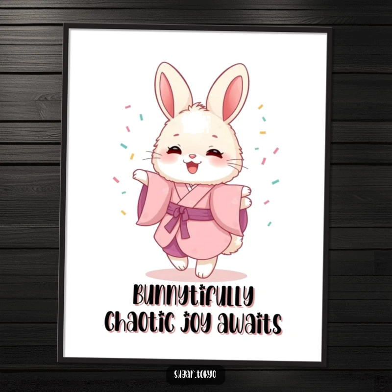Funny Free Printable Wall Art: A fluffy bunny in a pink kimono joyfully twirls, surrounded by a festive cascade of colorful sprinkles.