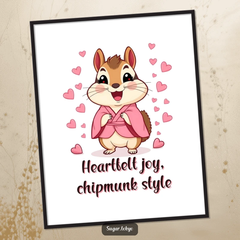 Funny free printable wall art of a happy chipmunk in a pink kimono scattering candy heart confetti, adding charm to any room.