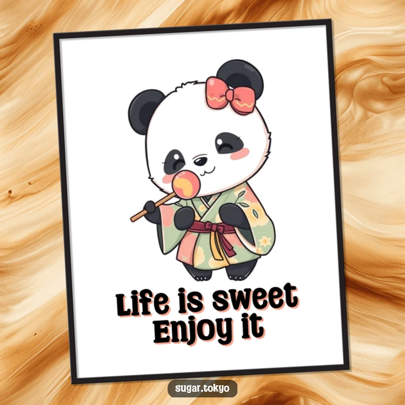 Funny Free Printable Wall Art: A cute panda in a vibrant kimono happily holding a lollipop, downloadable art.