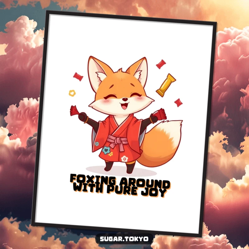 Funny Free Printable Wall Art: Playful fox in a bright red kimono, expertly juggling shiny candy wrappers with a mischievous grin.