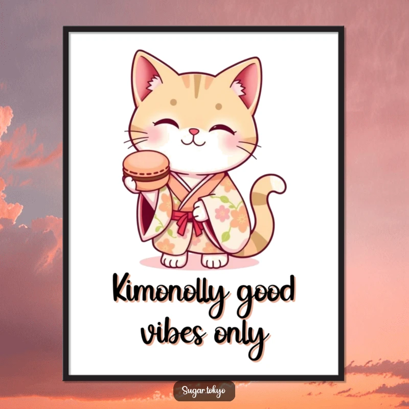 Funny Free Printable Wall Art: A charming cat in a floral kimono gracefully presents a delicious macaron, adding playful elegance to any room.